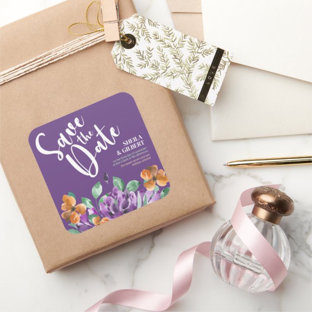 Lila Gelbe Blumen Save the Date Quadratischer Aufkleber (Schenken)
