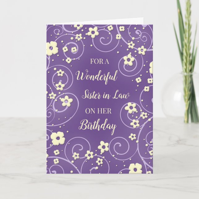Lila gelbe Blumen Schwester des Gesetzes Geburtsta Karte (Vorderseite)