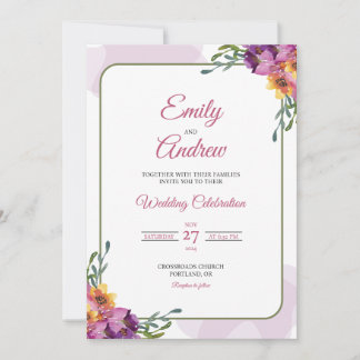 Lila Gelbe Elegante Florale Wasserfarben-Hochzeit Einladung