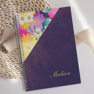 Lila Gelbe Florale Mädchenhafte Trendige Monogramm Planer