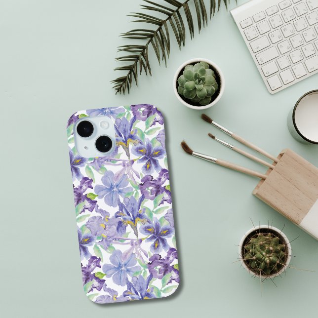 Lila Gelbe Iris Floral Aquarellfarben Blume Case-Mate iPhone Hülle (Purple yellow Iris Floral Flowers Greenery Watercolor iPhone case)