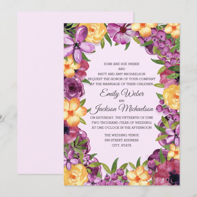 Lila-Gelbe Jewel Tone Blumenzehen Einladung (Vorne/Hinten)