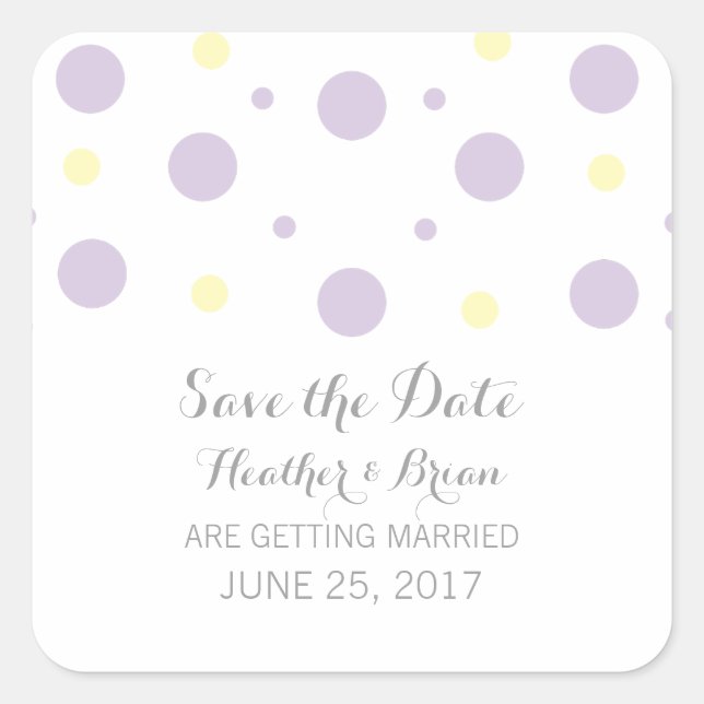 Lila-Gelbe Konfetti-Save the Date Stickers (Vorderseite)