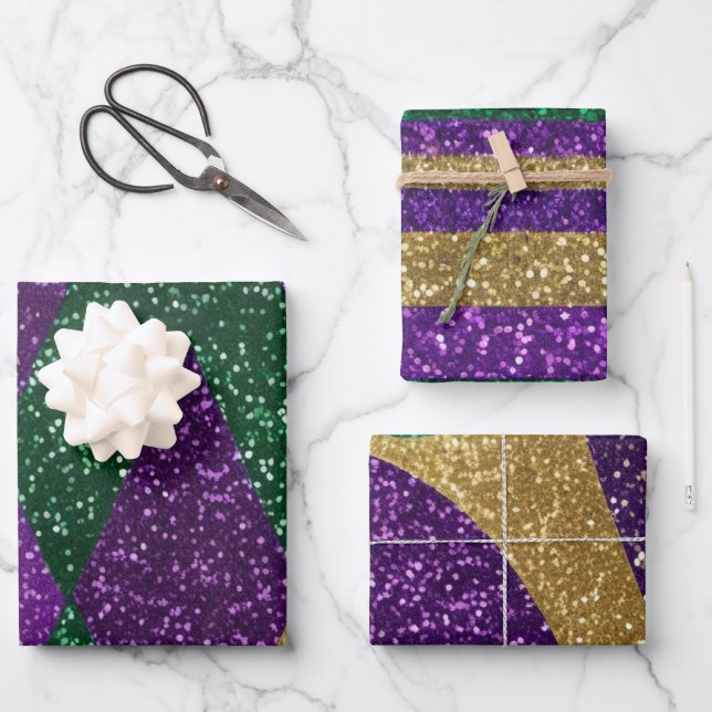 Lila-Gelbe Mardi Gras-Glitzer-Muster Geschenkpapier Set (Vorderseite)