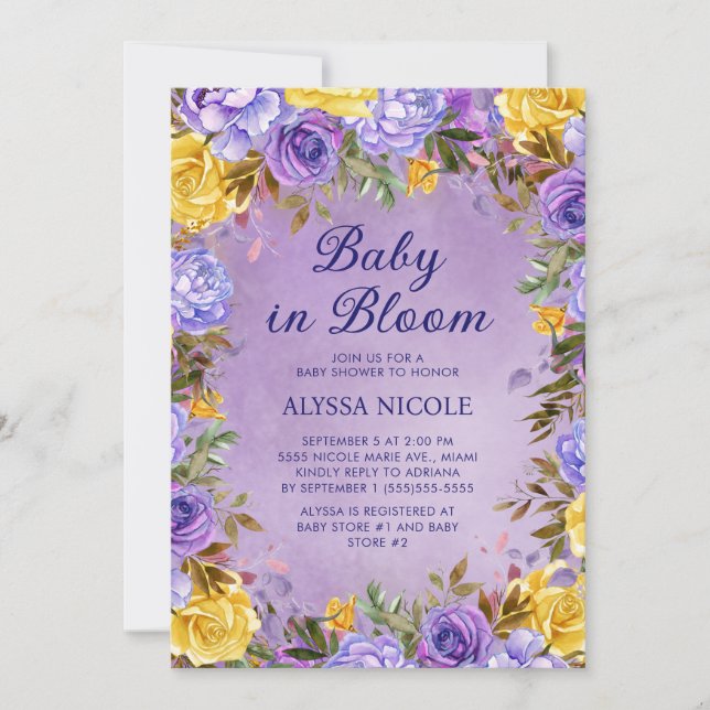 Lila-Gelbe Rosen-Peonies-Baby in Bloom Einladung (Vorderseite)