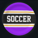 LILA-Gelbe Streifen aus schwarzem Bright-Lack Pappteller<br><div class="desc">Dieses sportliche,  sportliche Design zeichnet sich durch einen fett gedruckten SOCCER-Text in einem hervorgehobenen,  schwarzen,  breiten Mittelstreifen mit weißen und gelben pinstripes gegen lila äußere Streifen aus. Der Text kann personalisiert sein.</div>