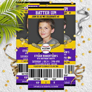 Lila|Gelbe Ticketstyle Baseball Geburtstagsparty Einladung