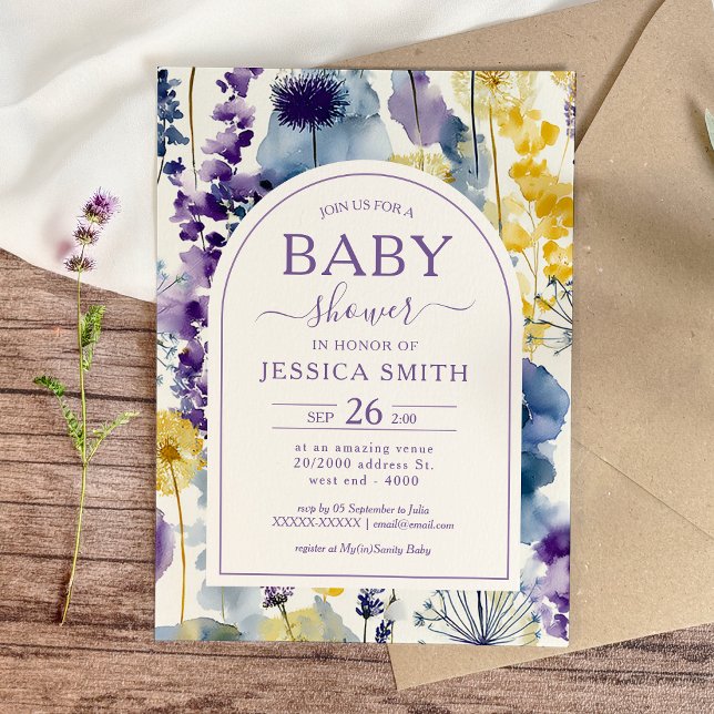 Lila Gelbe Wildblume Kinderdusche Einladung (Celebrate your mama-to-be moment in full bloom with this elegant wildflower baby shower invitation.)