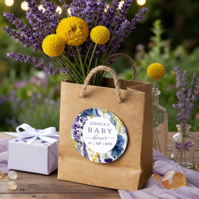 Lila Gelbe Wildblume Kinderdusche Runder Aufkleber (Celebrate your mama-to-be moment in full bloom with this elegant wildflower design. )