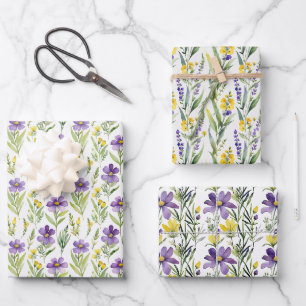 Lila-gelbe Wildblumen-Aquarell-Junggesellinnen-Abs Geschenkpapier Set