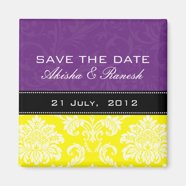Lila gelber Damast-Save the Date Magnet (Vorne)