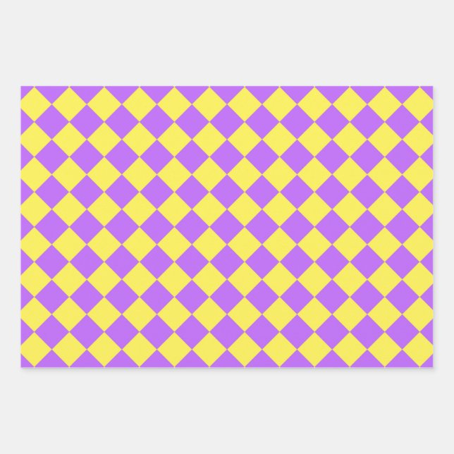 Lila-Gelbes Schachbrett Diamantmuster Geschenkpapier Set (Vorderseite)