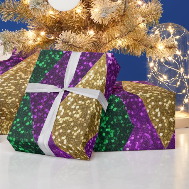 Lila-Gelbgrün-Mardi-Gras-Glitzer-Muster Geschenkpapier (Feiertage)