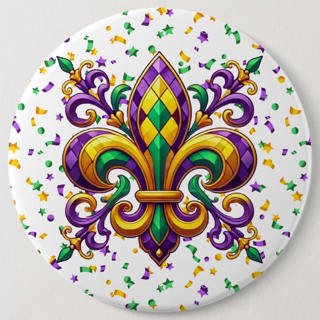 Lila-Gelbgrün Mardi Gras Lilie Button (Vorderseite)