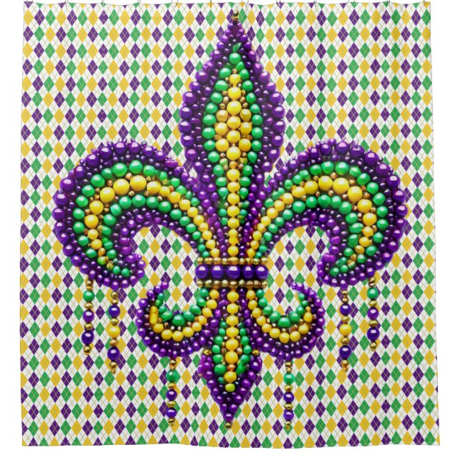 Lila-Gelbgrün Mardi Gras Lilie Duschvorhang (Vorderseite)