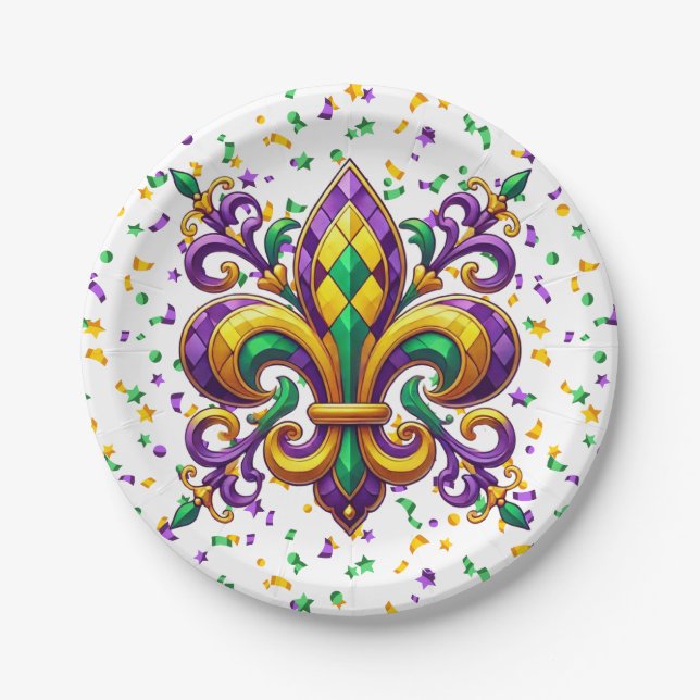 Lila-Gelbgrün Mardi Gras Lilie Pappteller (Vorderseite)