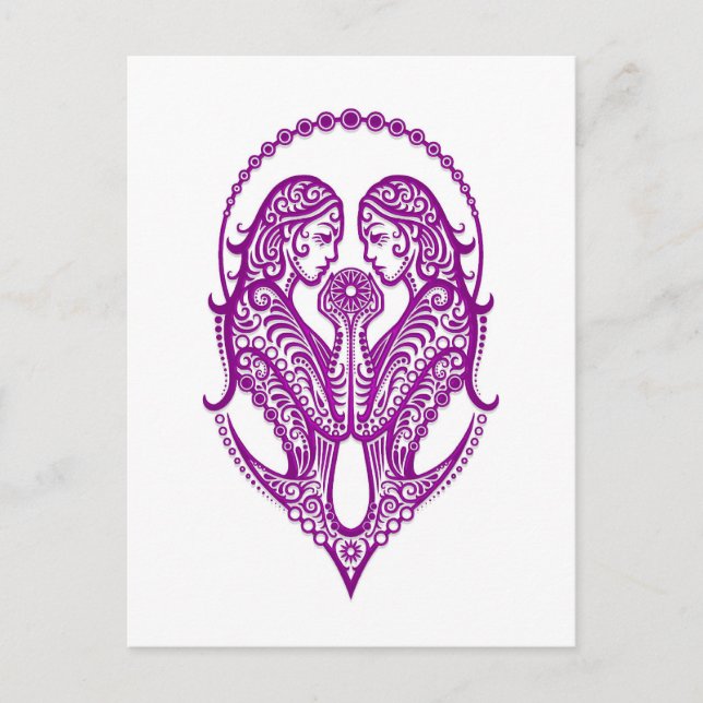 Lila Gemini Zodiac auf Weiß Postkarte (Vorderseite)