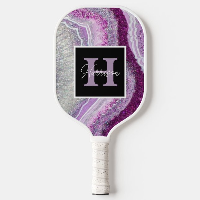 Lila Geode Agate Monogram Name anpassbar Pickleball Schläger (Vorderseite)
