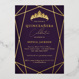 Lila Geometric Gold Elegante Quinceanera Folieneinladung