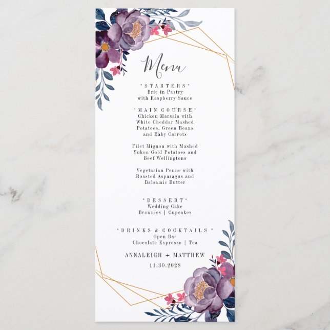 Lila geometrische Botanische Hochzeit mit Flora Menükarte (Vorderseite)