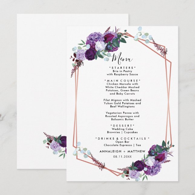Lila geometrische Hochzeitsempfehlung Menükarte (Vorne/Hinten)