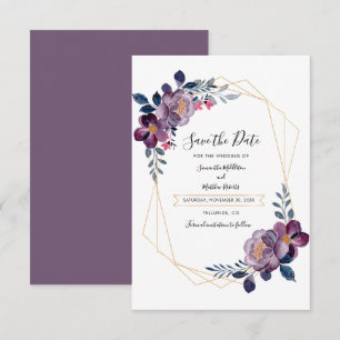 Lila geometrische Schrift Floral Save the Date Mitteilungskarte