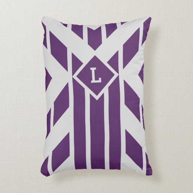 Lila geometrische Streifen für Monogramm auf Grau Dekokissen (Vorderseite(Vertikal))