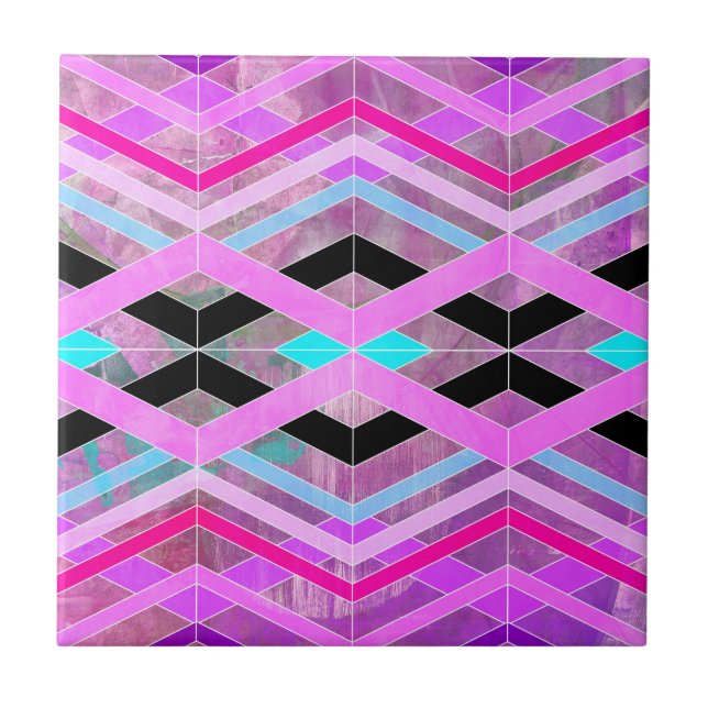 Lila geometrische Streifen in Rosa und Aqua Fliese (Vorderseite)