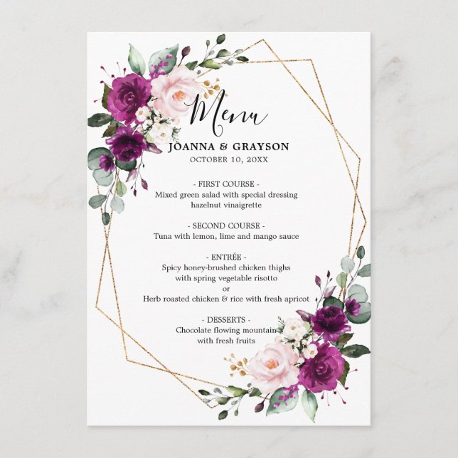 Lila geometrisches Hochzeitsmenü für Pflaumenpinse Menükarte (Vorderseite)