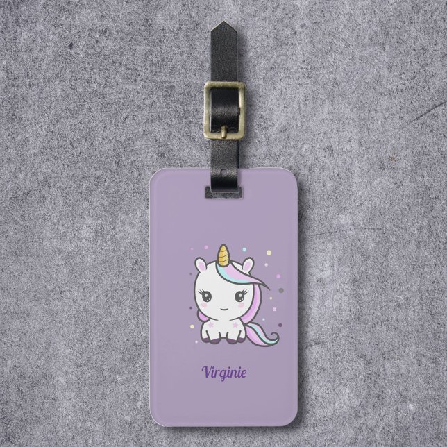Lila Gepäckanhänger mit Niedlichem Einhorn (Purple Luggage Tag with a Cute Unicorn)