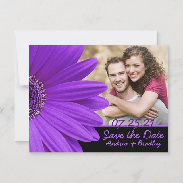 Lila Gerbera Daisy Blume Foto Wedding Save The Date (Vorderseite)