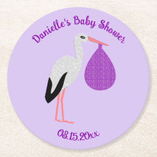 Lila geschlechtsneutrale Baby-Storch-Babyparty Runder Pappuntersetzer