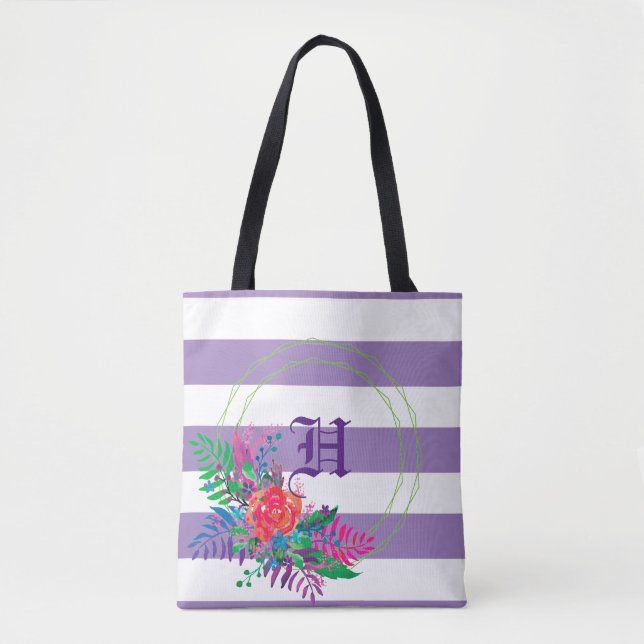 lila gestreifte Blumen personalisiert Tasche (Vorderseite)