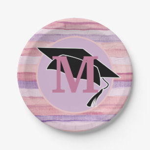 Lila gestrichelte Pink-Graduierungskappe Monogramm Pappteller