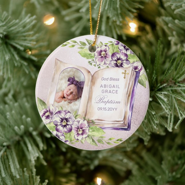 Lila gewebtes Foto Einzigartiges Taufen Keepake Keramik Ornament (Baum)