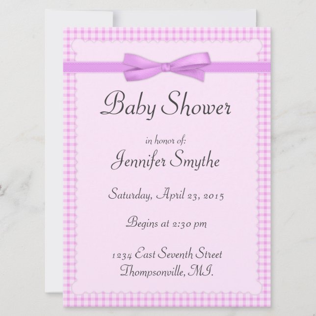 Lila Gingham Baby Shower Einladungen (Vorderseite)