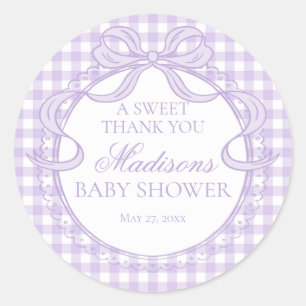 Lila Gingham Coquette Schleife Babyparty Gastgesch Runder Aufkleber