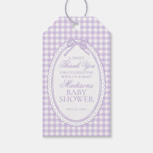 Lila Gingham Coquette Schleife Babyparty Geschenke Geschenkanhänger