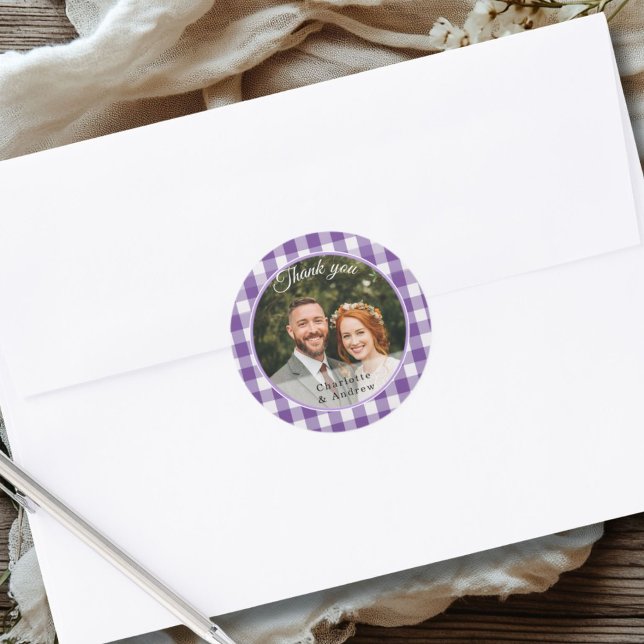 Lila Gingham Danke Foto Runder Aufkleber (Purple Gingham Thank you Photo Classic Round Sticker)
