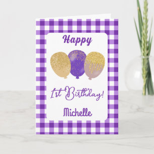 Lila Gingham & Glitzer Balloons 1. Geburtstag Karte