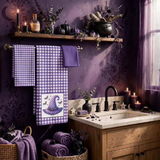 Lila Gingham-Halloween-Hexenhut & Fledermäuse Badhandtuch Set