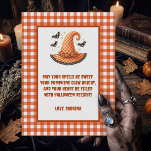 Lila Gingham-Halloween-Hexenhut & Fledermäuse Feiertagspostkarte