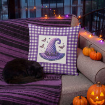 Lila Gingham-Halloween-Hexenhut & Fledermäuse