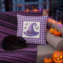 Lila Gingham-Halloween-Hexenhut & Fledermäuse Kissen