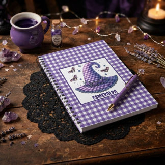 Lila Gingham Halloween-Hexenhut & Fledermäuse Notizblock