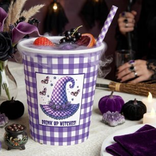 Lila Gingham Halloween Hexenhut & Fledermäuse Pappbecher