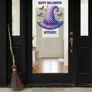 Lila Gingham-Halloween-Hexenhut und Fledermäuse Fensteraufkleber