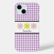 Lila Gingham-Kariert-Blumen-Monogramm