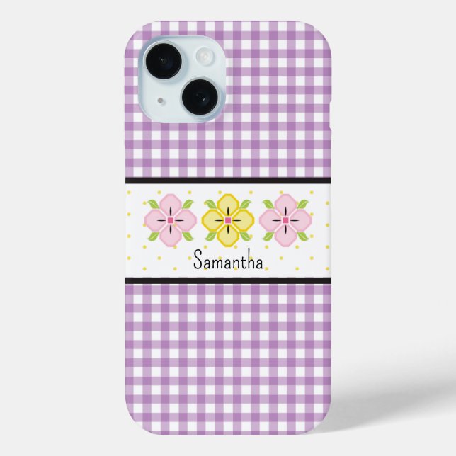 Lila Gingham-Kariert-Blumen-Monogramm Case-Mate iPhone Hülle (Rückseite)