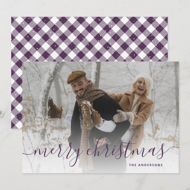 Lila Gingham Kariert Foto Frohe Weihnachten (Vorne/Hinten)